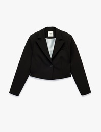 Düğmeli Geniş Yaka Uzun Kollu Crop Blazer Ceket