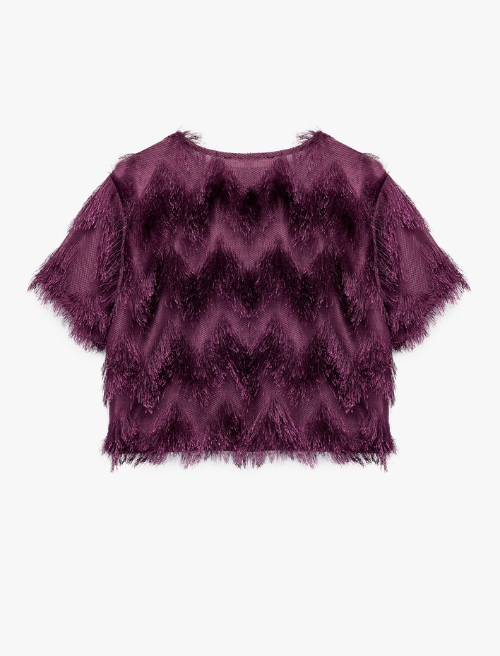  Peluş Detaylı Bisiklet Yaka Kısa Kollu Crop Bluz