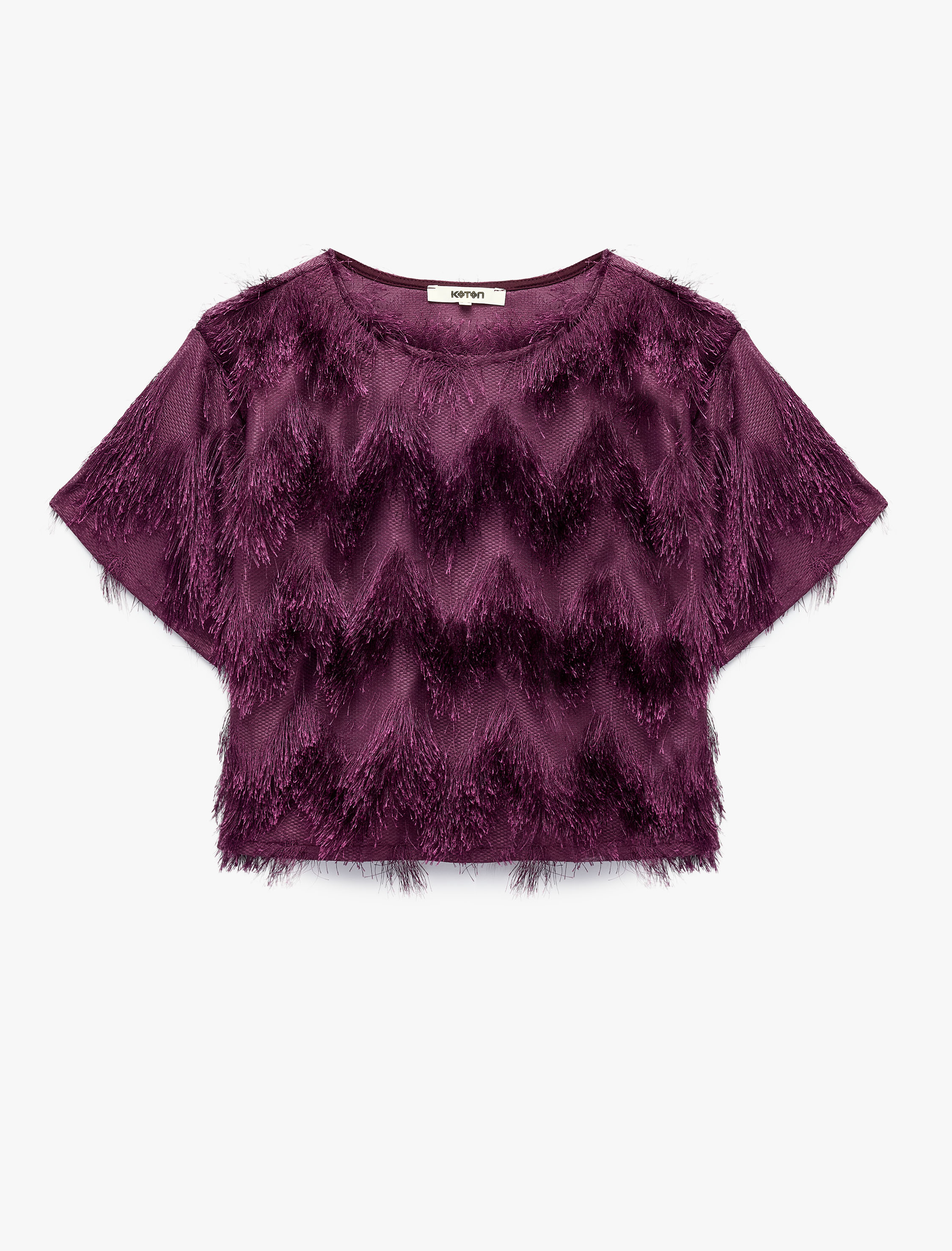   Peluş Detaylı Bisiklet Yaka Kısa Kollu Crop Bluz