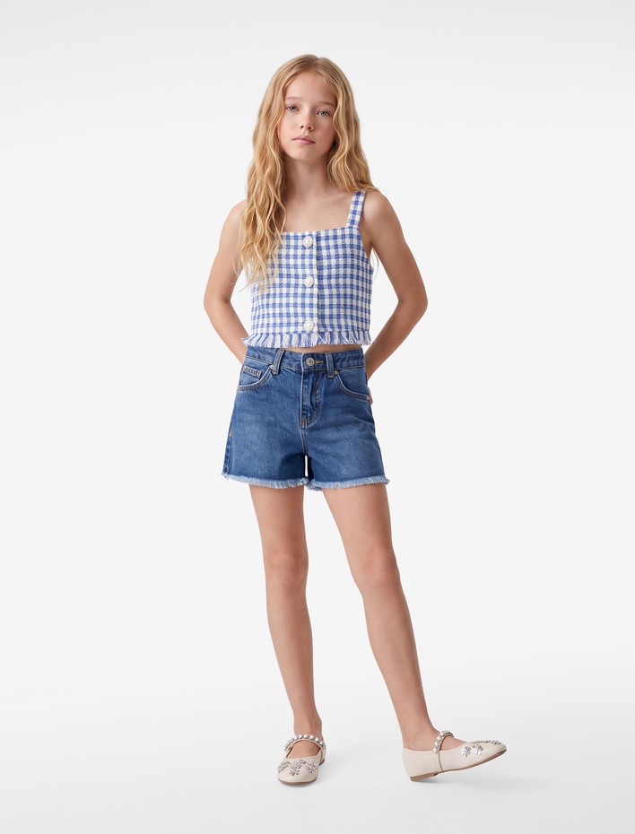 Kız Çocuk Kare Yaka Ekose Desenli Tüvit Crop Bluz