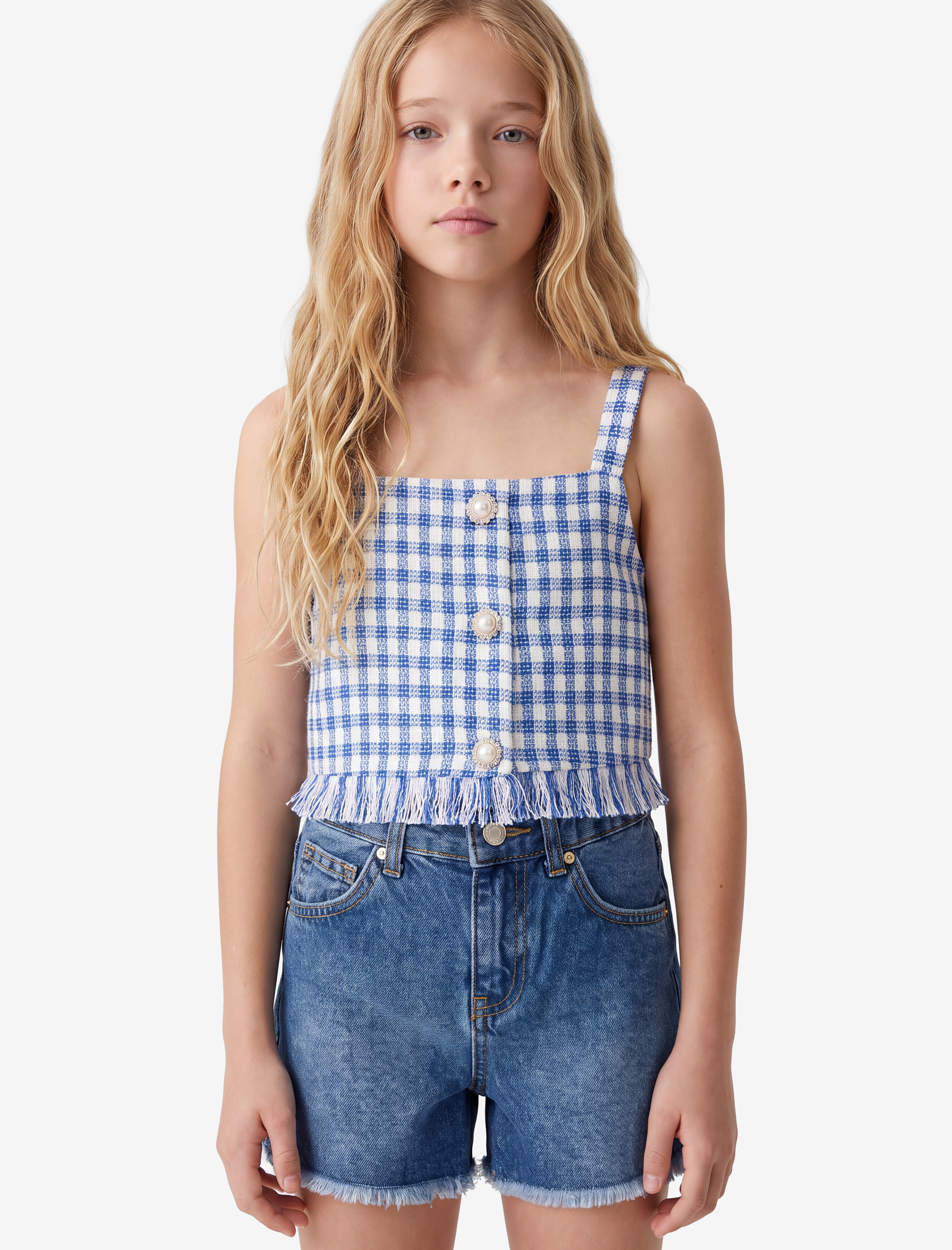  Kız Çocuk Kare Yaka Ekose Desenli Tüvit Crop Bluz