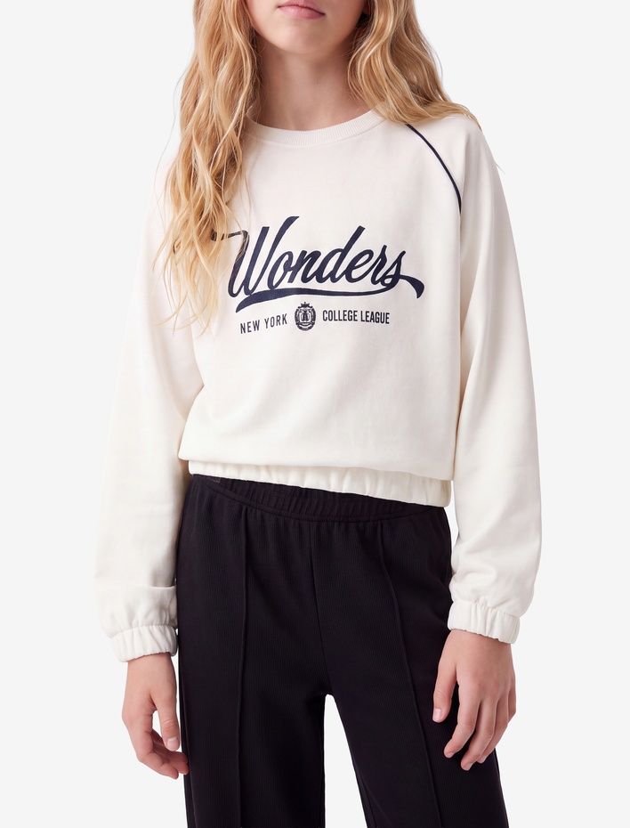 Kız Çocuk Bisiklet Yaka Uzun Kollu Slogan Baskılı Pamuklu Sweatshirt