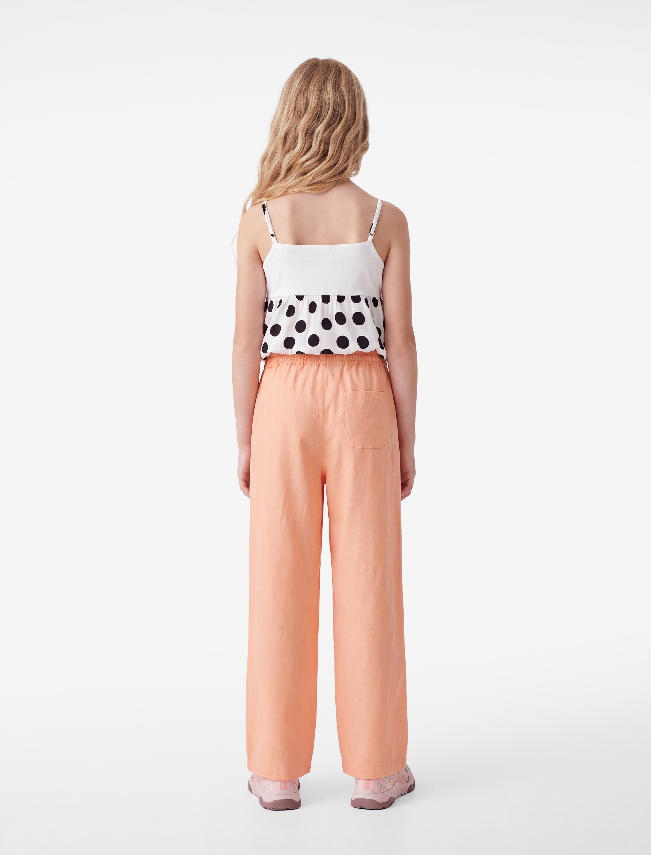  Kız Çocuk Beli Bağcıklı Bol Paça Basic Keten Pantolon