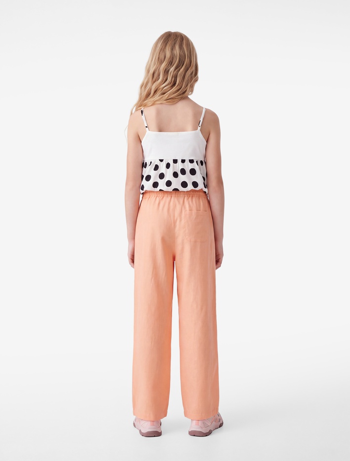 Kız Çocuk Beli Bağcıklı Bol Paça Basic Keten Pantolon