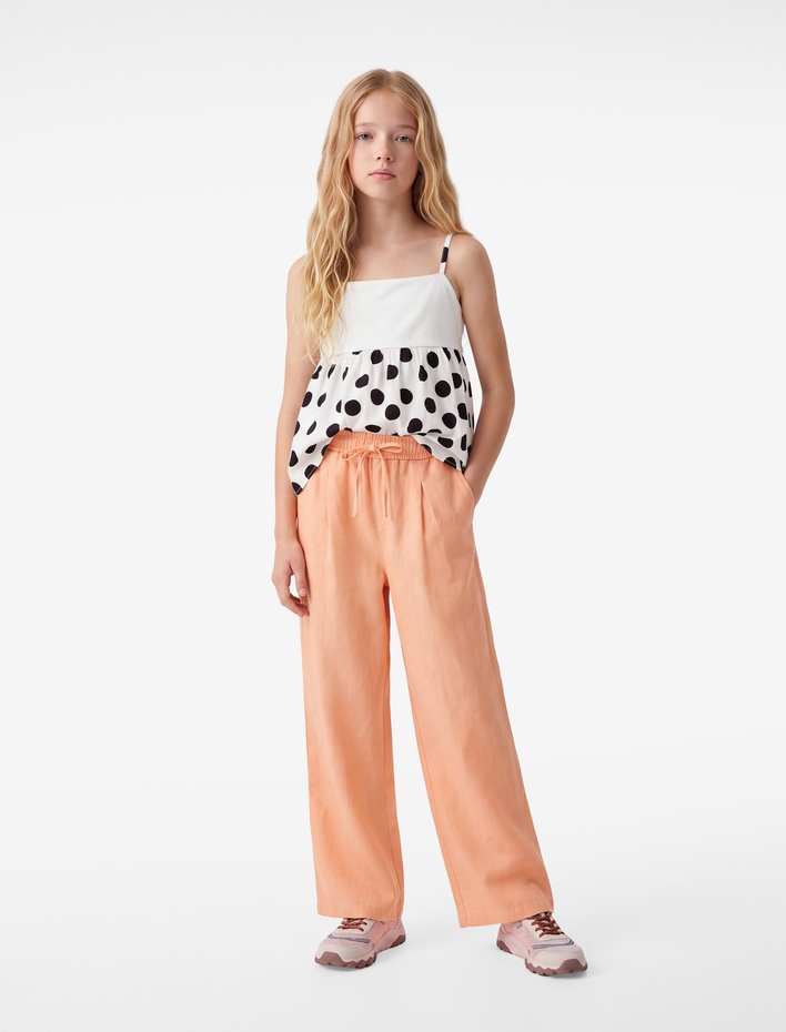Kız Çocuk Beli Bağcıklı Bol Paça Basic Keten Pantolon