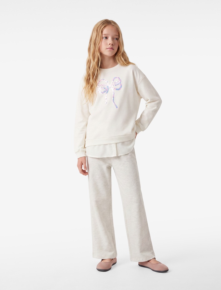 Kız Çocuk Pullu Payetli Bisiklet Yaka Uzun Kollu Oversize Sweatshirt