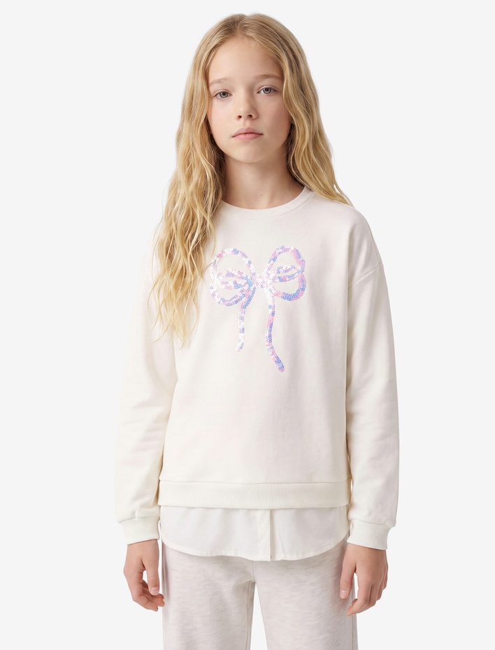 Kız Çocuk Pullu Payetli Bisiklet Yaka Uzun Kollu Oversize Sweatshirt