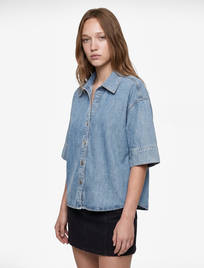  Oversize V Yaka Pamuklu Yarım Kollu Jean Gömlek