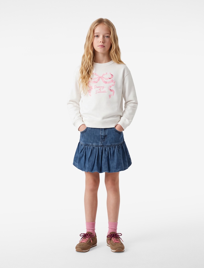 Kız Çocuk Uzun Kollu Bisiklet Yaka Fiyonk Baskılı Sweatshirt
