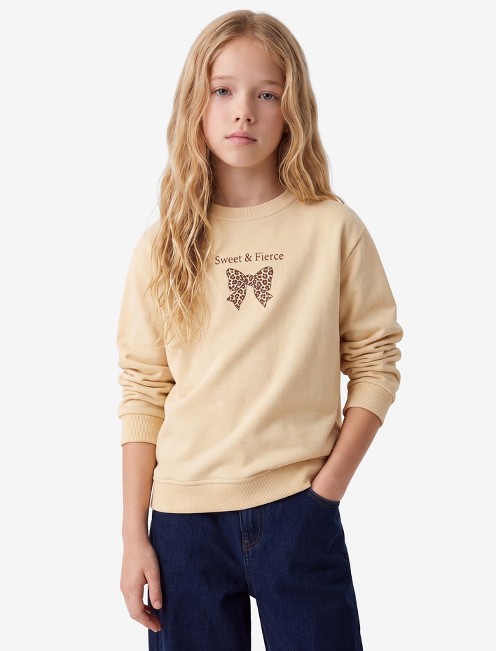 Kız Çocuk Uzun Kollu Fiyonk Baskılı Üç İplik Şardonlu Bisiklet Yaka Sweatshirt