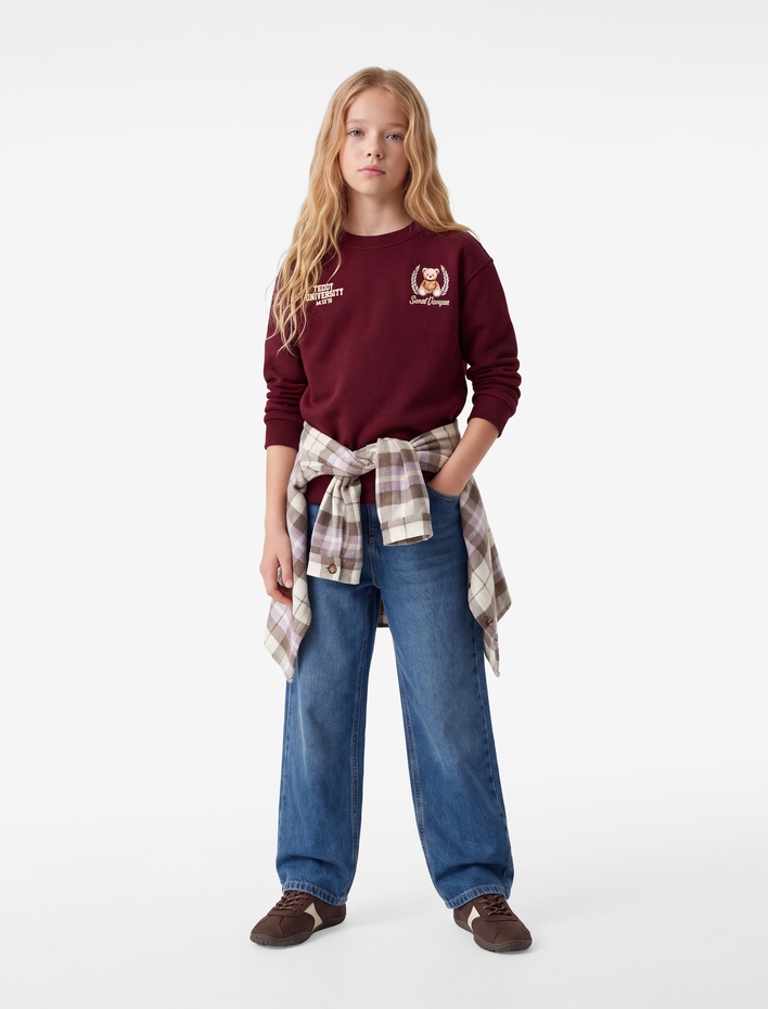 Kız Çocuk Üç İplik Şardonlu Uzun Kollu Bisiklet Yaka Ayıcık Baskılı Sweatshirt