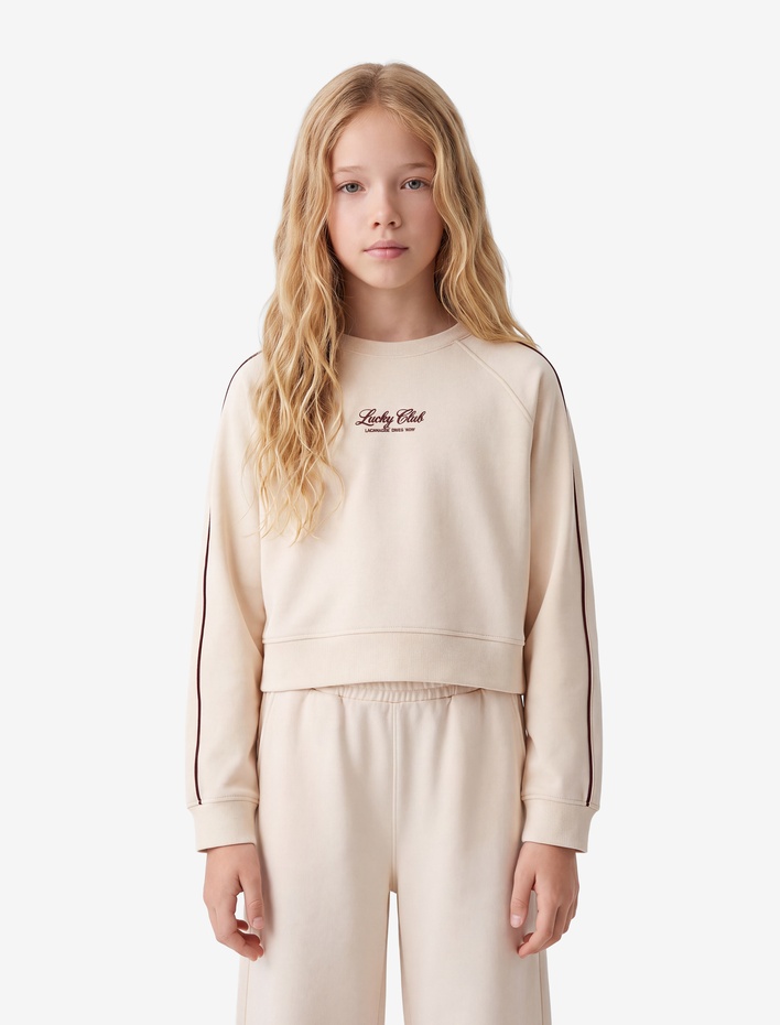 Kız Çocuk Uzun Kollu Viskon Karışımlı Biyeli Bisiklet Yaka Baskılı Sweatshirt