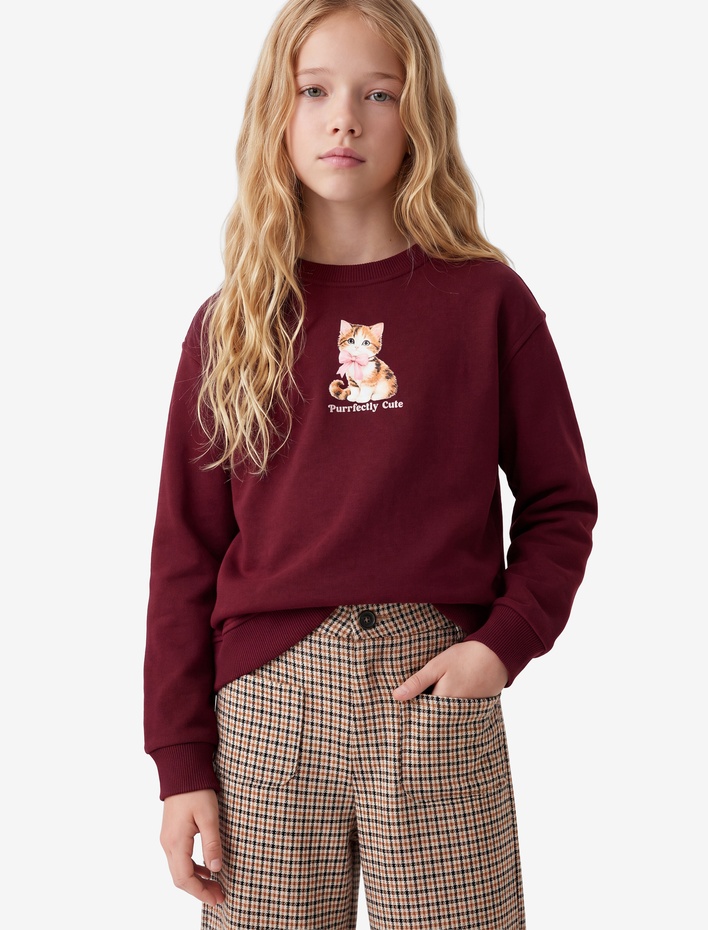 Kız Çocuk Üç İplik Şardonlu Uzun Kollu Bisiklet Yaka Kedi Baskılı Sweatshirt