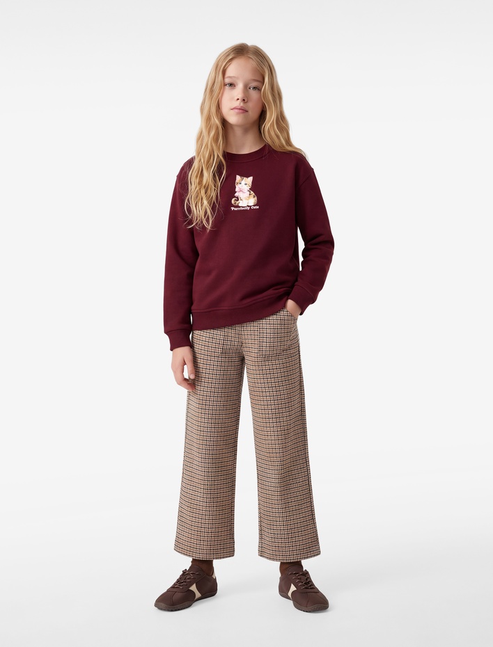 Kız Çocuk Üç İplik Şardonlu Uzun Kollu Bisiklet Yaka Kedi Baskılı Sweatshirt