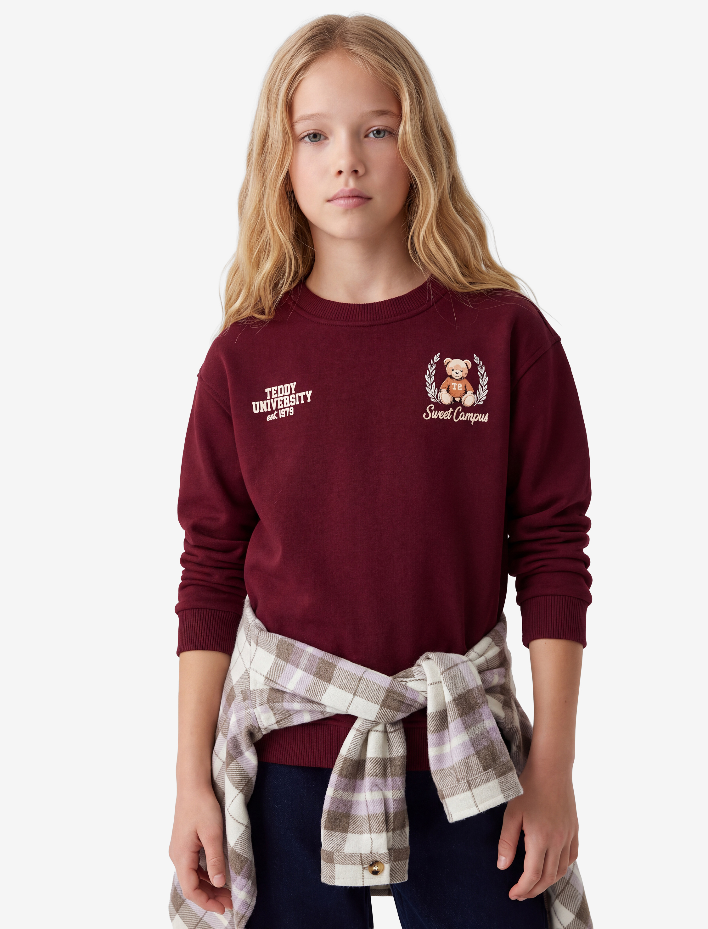  Kız Çocuk Üç İplik Şardonlu Uzun Kollu Bisiklet Yaka Ayıcık Baskılı Sweatshirt