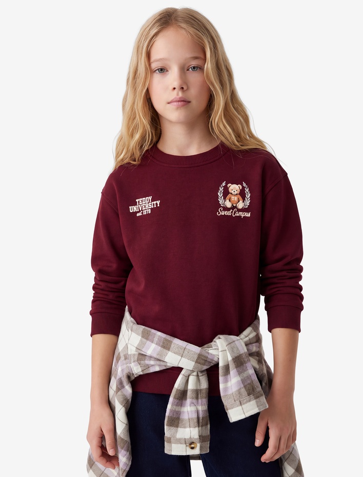 Kız Çocuk Üç İplik Şardonlu Uzun Kollu Bisiklet Yaka Ayıcık Baskılı Sweatshirt