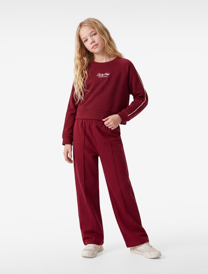 Kız Çocuk Uzun Kollu Viskon Karışımlı Biyeli Bisiklet Yaka Baskılı Sweatshirt