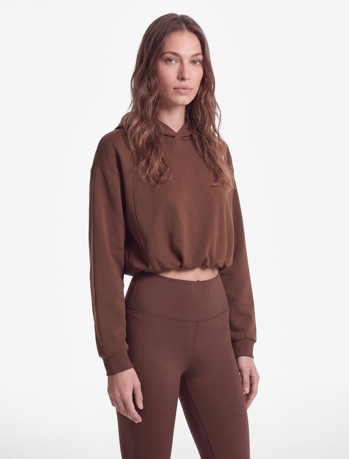  Rahat Kalıp Uzun Kollu Kapüşonlu Beli Lastikli Spor Crop Sweatshirt