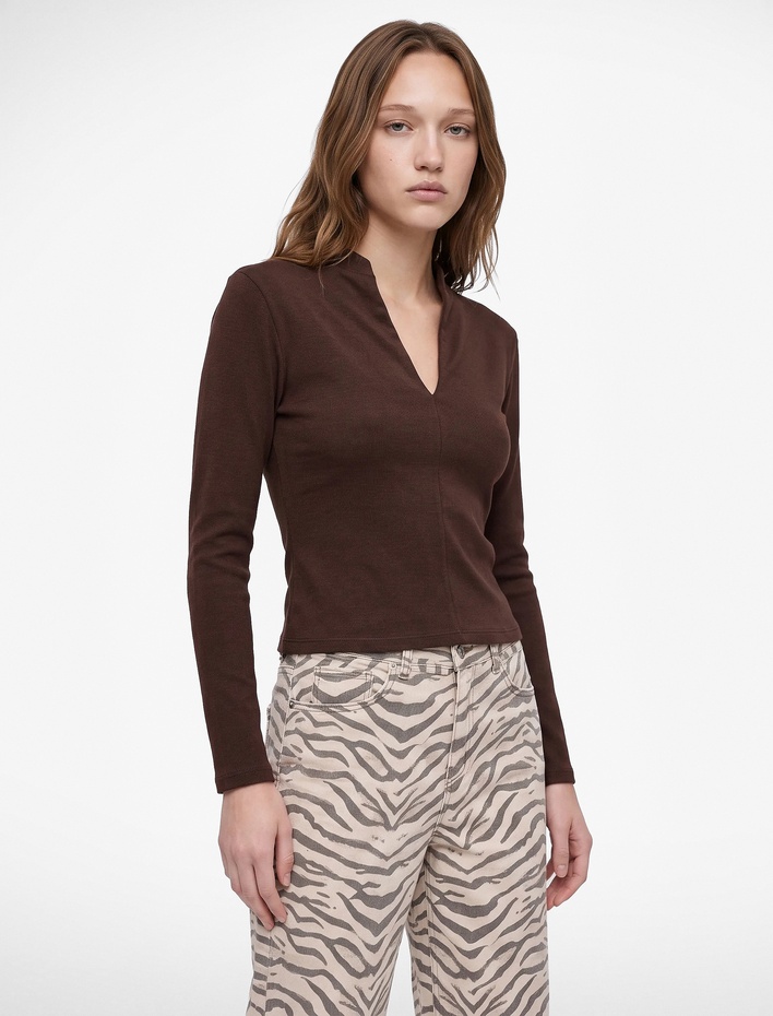  Slim Fit Pamuklu V Yaka Basic Uzun Kollu Tişört