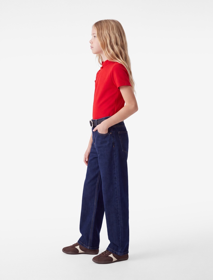 Kız Çocuk Düğmeli Slim Fit Kısa Kollu Dik Yaka Bluz