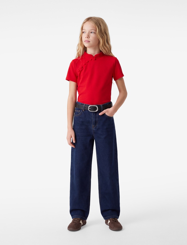 Kız Çocuk Düğmeli Slim Fit Kısa Kollu Dik Yaka Bluz