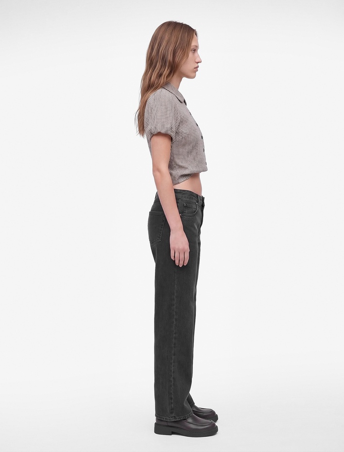  Düşük Bel Cepli Bol Kesim Düz Paça Pamuklu Denim Pantolon - Loose Straight Fit Jean