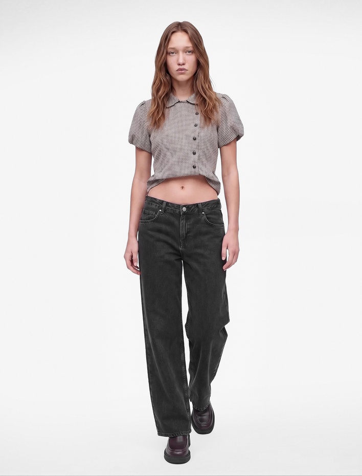  Düşük Bel Cepli Bol Kesim Düz Paça Pamuklu Denim Pantolon - Loose Straight Fit Jean