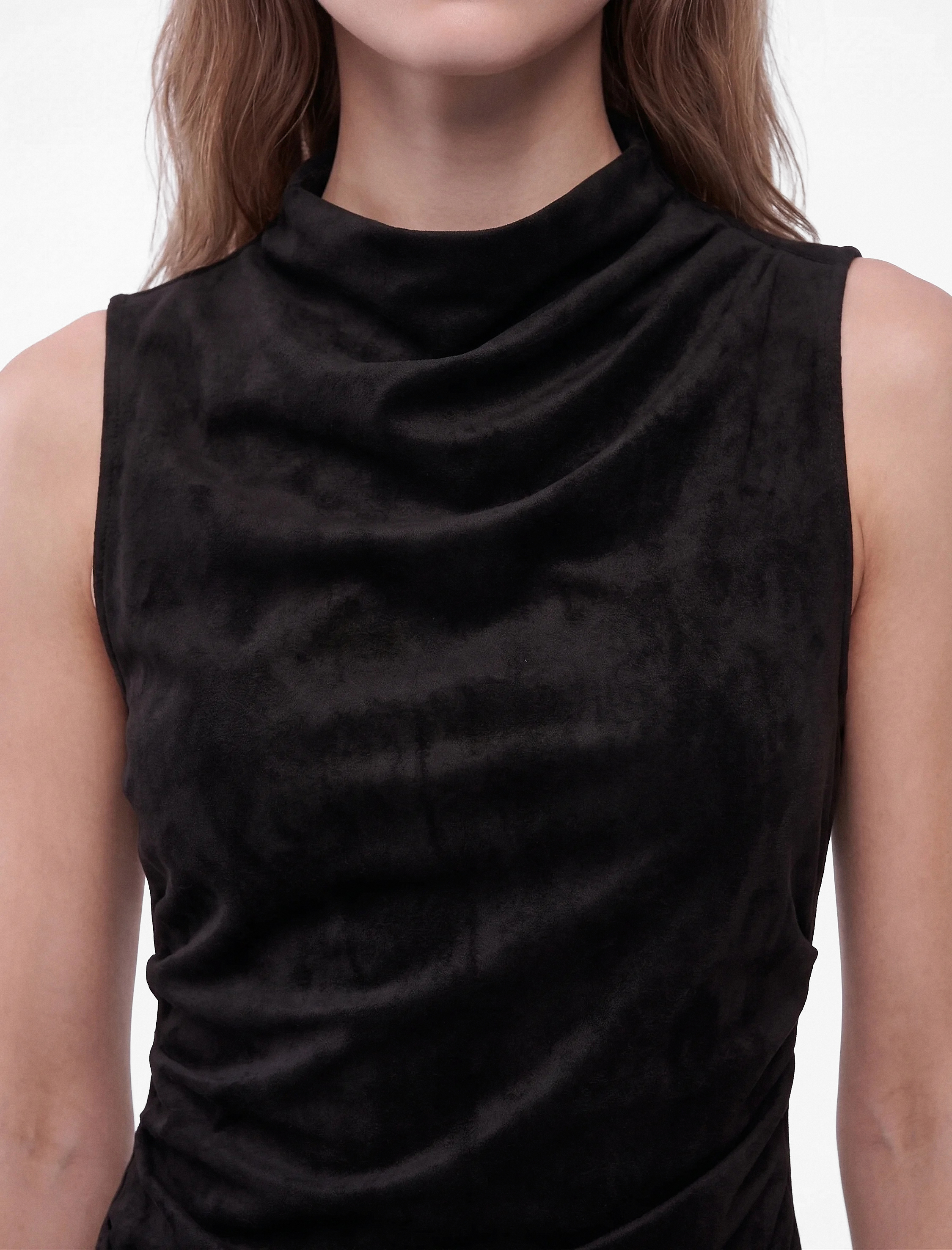   Drapeli Dar Kesim Kolsuz Bodycon Dik Yaka Süet Görünümlü Mini Elbise