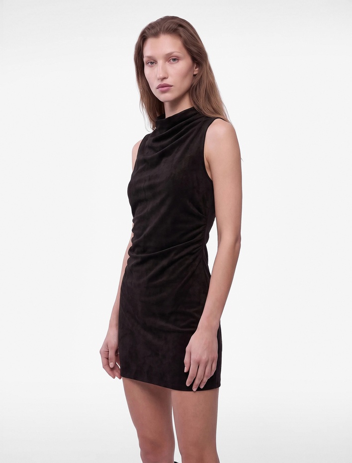  Drapeli Dar Kesim Kolsuz Bodycon Dik Yaka Mini Elbise