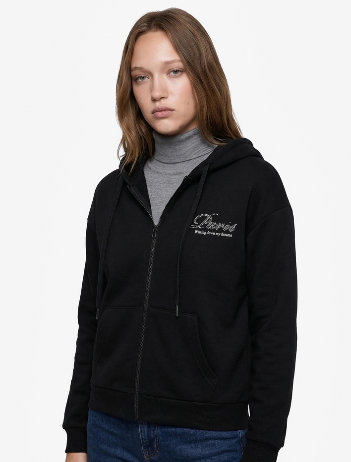  Arkası İşlemeli Taşlı Pamuklu Kapüşonlu Fermuarlı Kanguru Cepli Sweatshirt