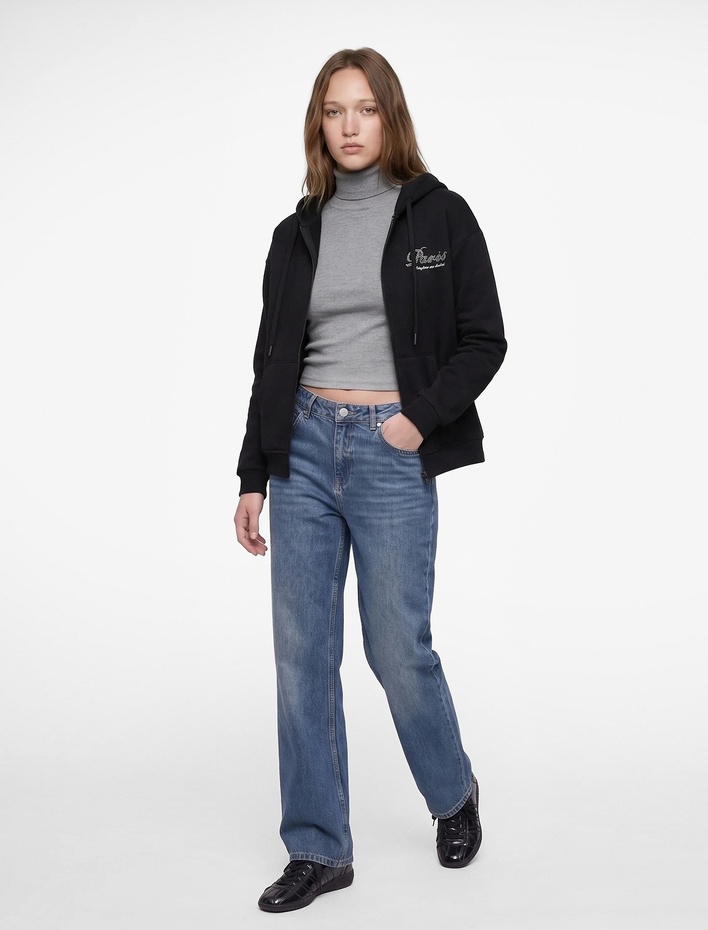  Arkası İşlemeli Taşlı Pamuklu Kapüşonlu Fermuarlı Kanguru Cepli Sweatshirt