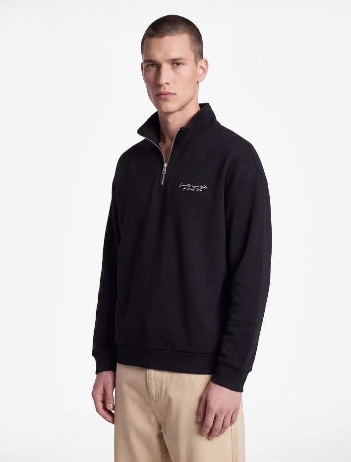  Uzun Kollu Üç İplik Şardonlu Rahat Kalıp Baskılı Yarım Fermuarlı Yaka Sweatshirt