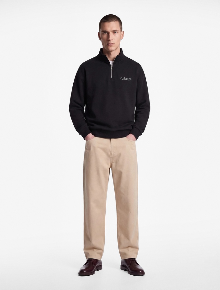  Uzun Kollu Üç İplik Şardonlu Rahat Kalıp Baskılı Yarım Fermuarlı Yaka Sweatshirt