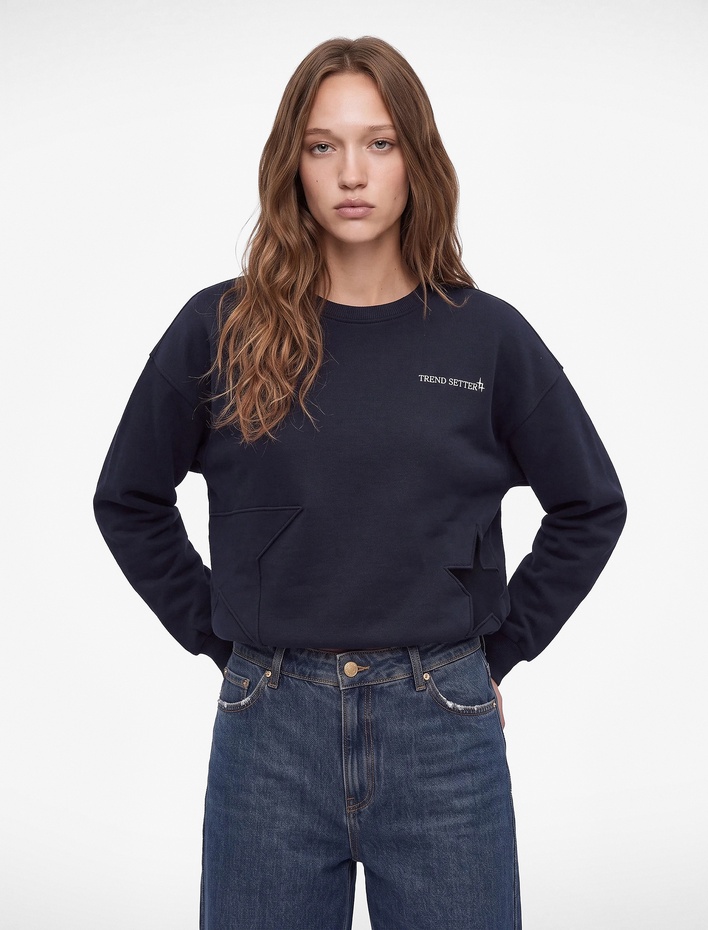  Rahat Kalıp Üç İplik Şardonlu Bisiklet Yaka Uzun Kollu Arkası Baskılı Sweatshirt
