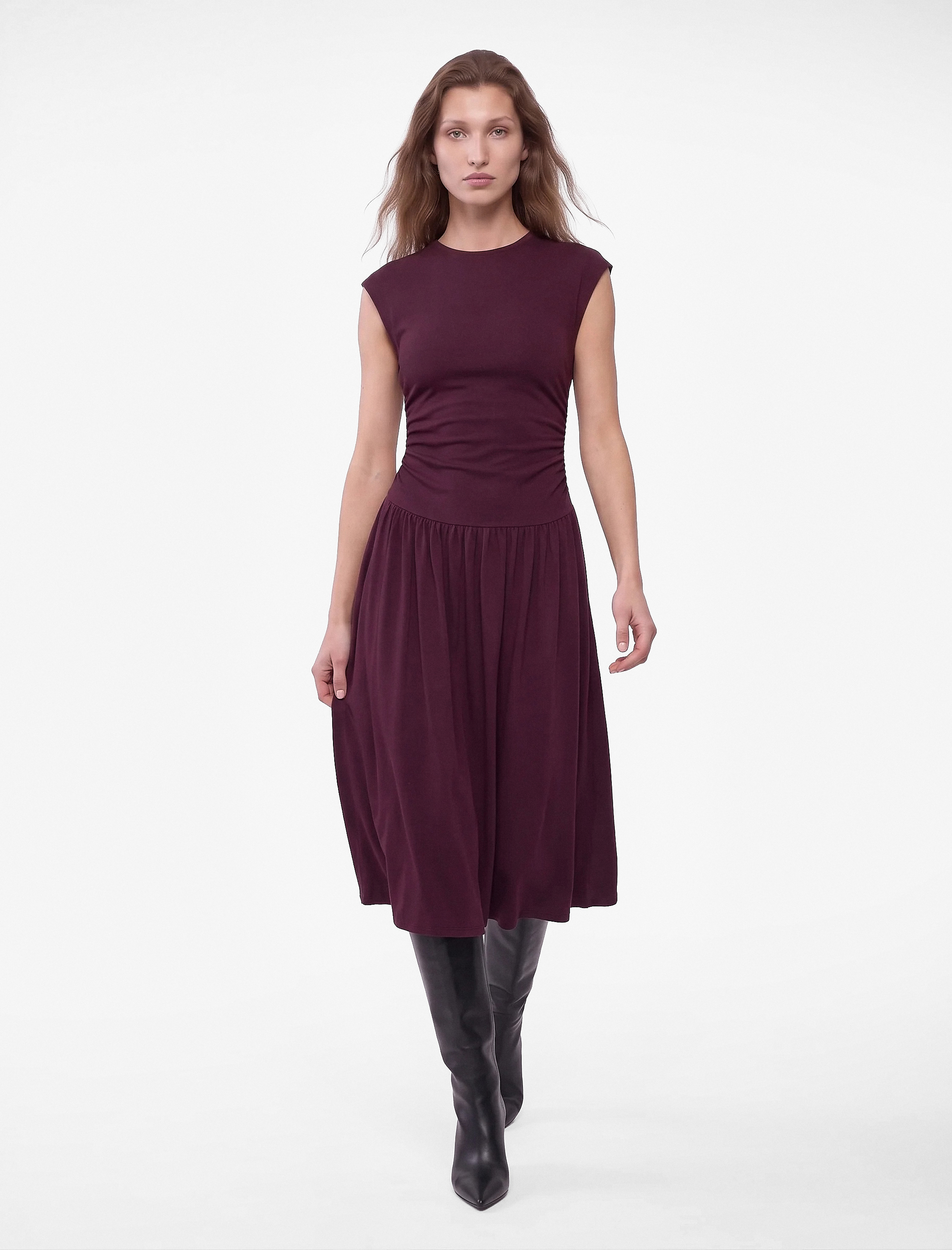   Slim Fit Ribanalı Pamuklu Hafif Dik Yaka Düşük Bel Kolsuz Midi Elbise
