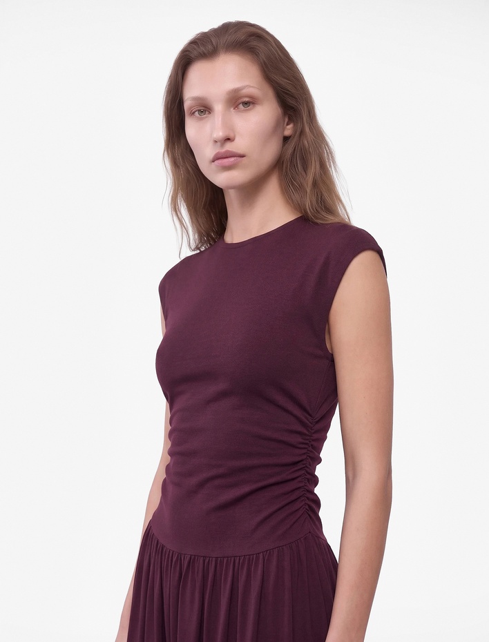  Slim Fit Ribanalı Pamuklu Hafif Dik Yaka Düşük Bel Kolsuz Midi Elbise