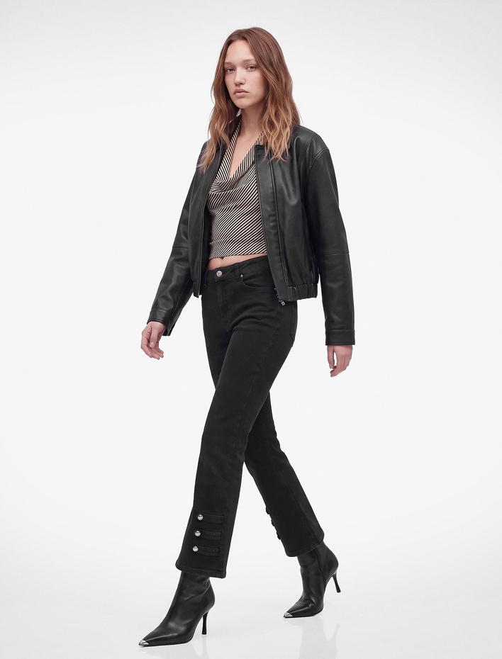  Yüksek Bel Dar Kesim Pamuklu Cepli Düğmeli Kısa İspanyol Paça Denim Pantolon - Kick Flare Jeans