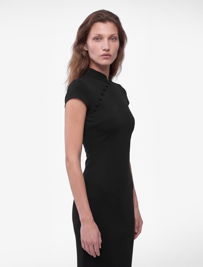  Krep Kumaş Mandarin Qipao Yaka Kısa Kollu Düğmeli Bodycon Midi Elbise