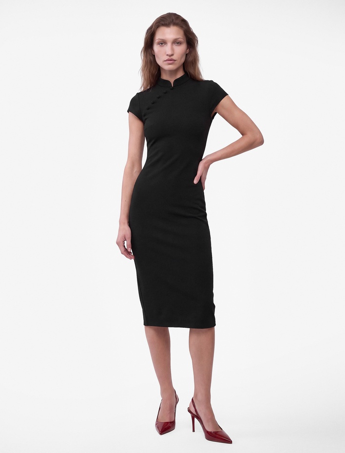  Krep Kumaş Mandarin Qipao Yaka Kısa Kollu Düğmeli Bodycon Midi Elbise