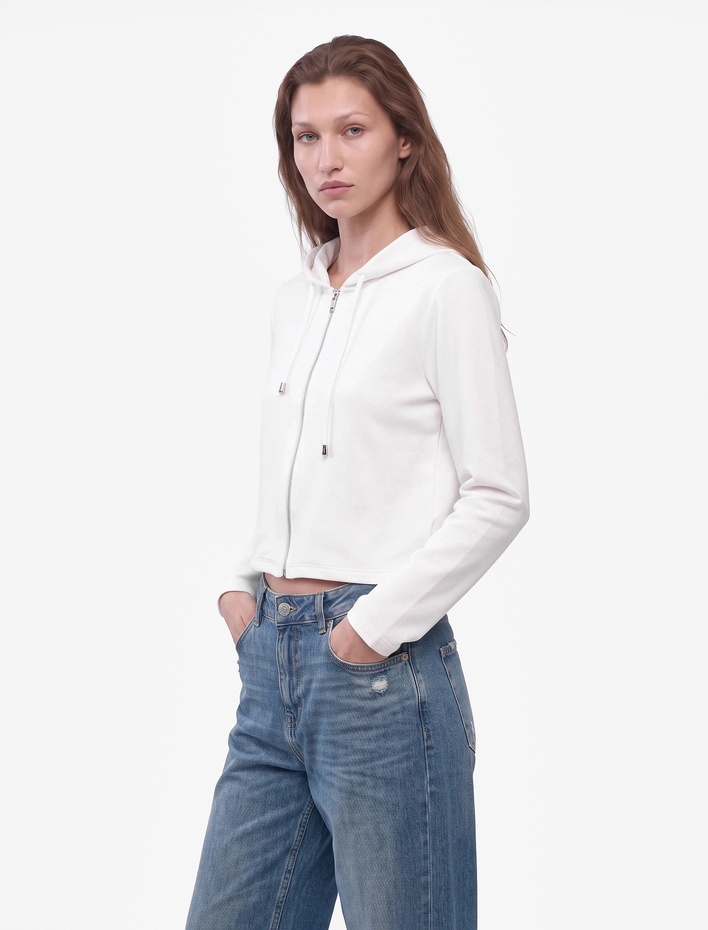  Slim Fit Uzun Kollu Kapüşonlu Fermuarlı Modal Boxy Sweatshirt