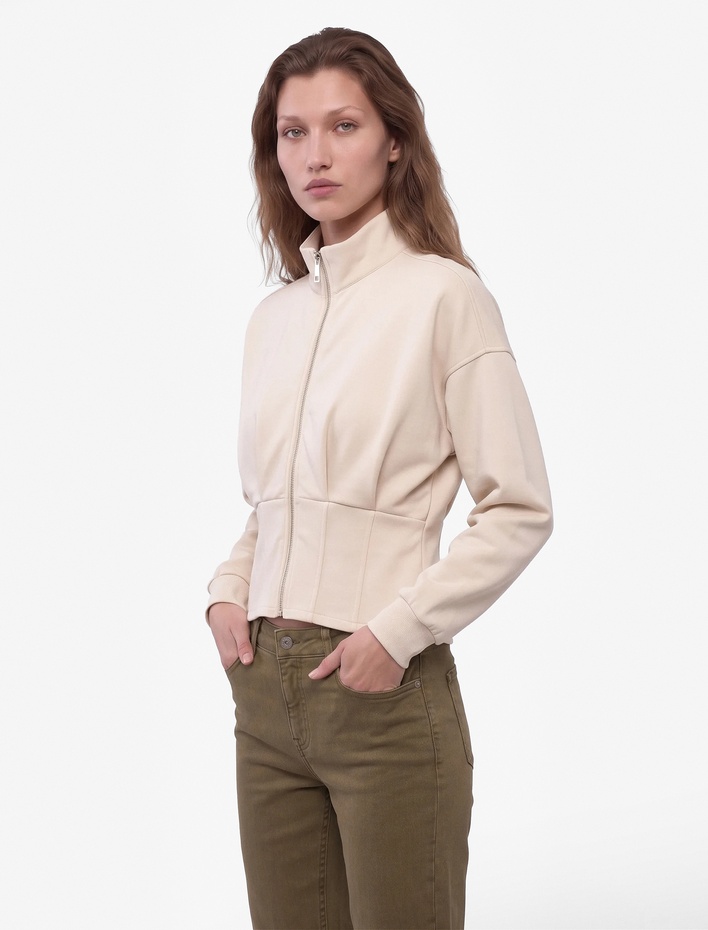  Modal Kumaş Slim Fit Uzun Kollu Dik Yaka Fermuarlı Sweatshirt Korse Detaylı