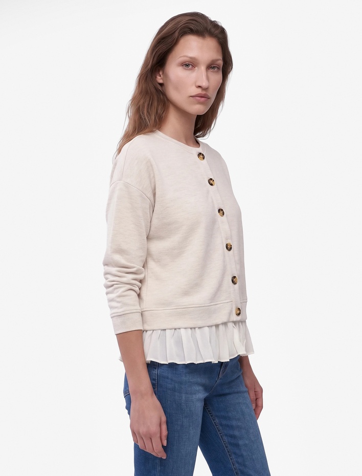  Slim Fit Bisiklet Yaka Uzun Kollu Düğmeli Fırfırlı Sweatshirt Hırka