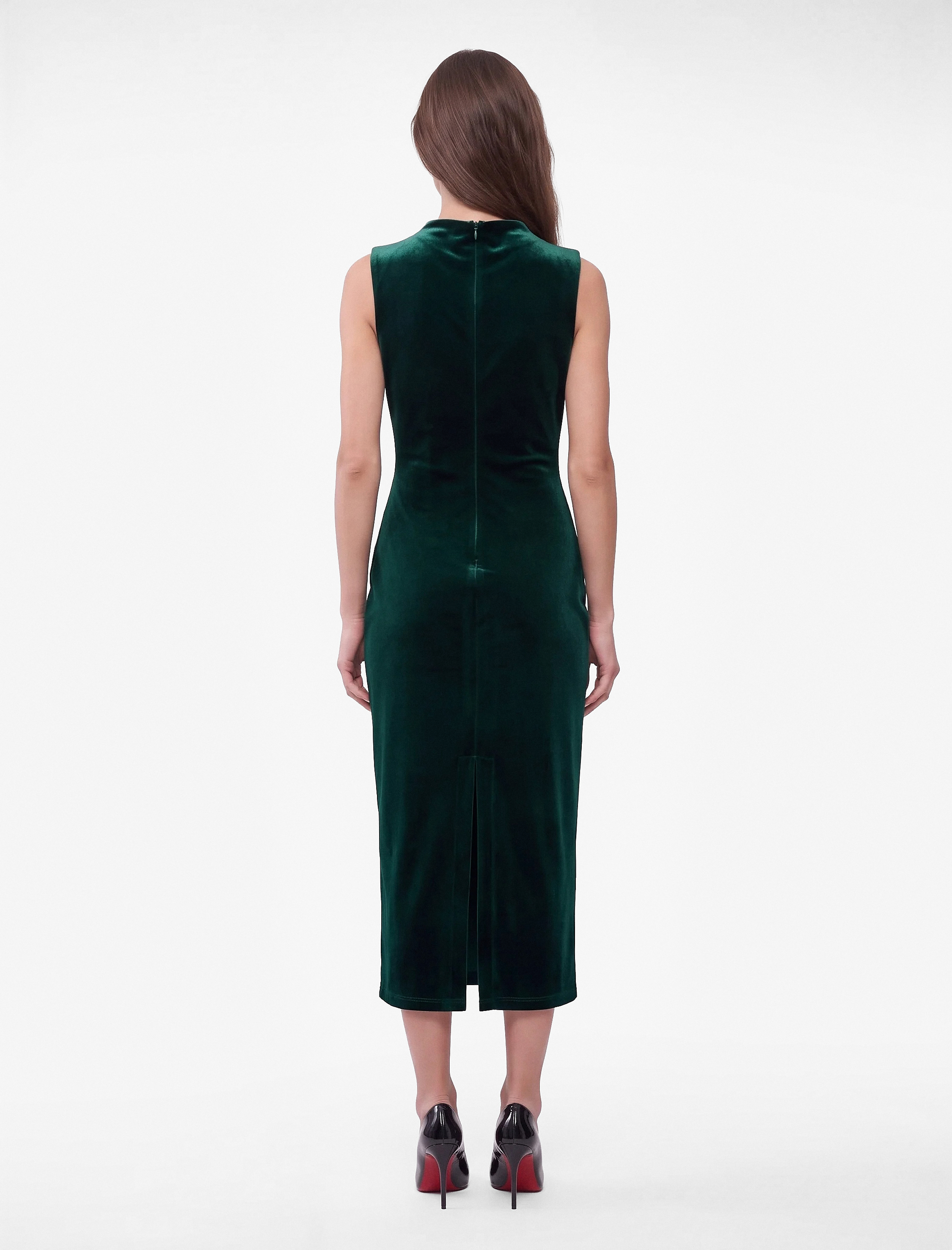   Slim Fit Bodycon Drapeli Hafif Dik Yaka Yırtmaçlı Kolsuz Midi Boy Kadife Elbise