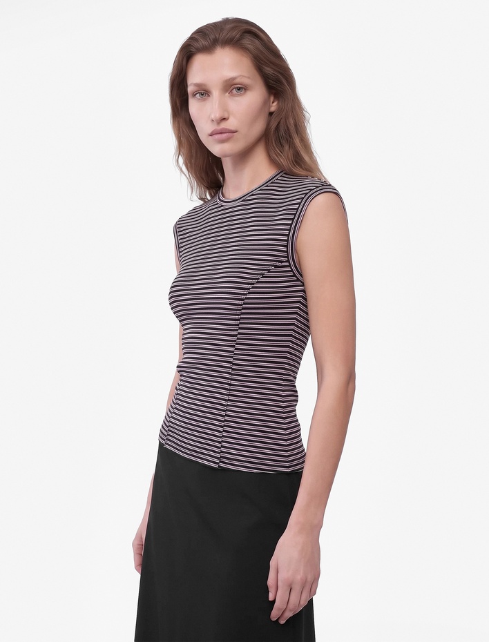 Slim Fit Pamuklu Ribana Bisiklet Yaka Kolsuz Çizgili Tişört