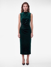 Slim Fit Bodycon Drapeli Hafif Dik Yaka Yırtmaçlı Kolsuz Midi Boy Kadife Elbise