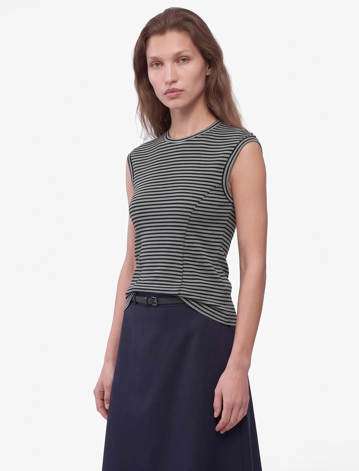  Slim Fit Pamuklu Ribana Bisiklet Yaka Kolsuz Çizgili Tişört