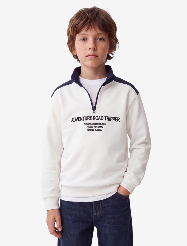 Erkek Çocuk Uzun Kollu Baskılı Şardonlu Yarım Fermuarlı Dik Yaka Sweatshirt