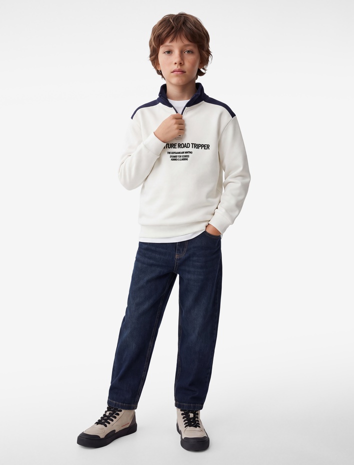 Erkek Çocuk Uzun Kollu Baskılı Şardonlu Yarım Fermuarlı Dik Yaka Sweatshirt