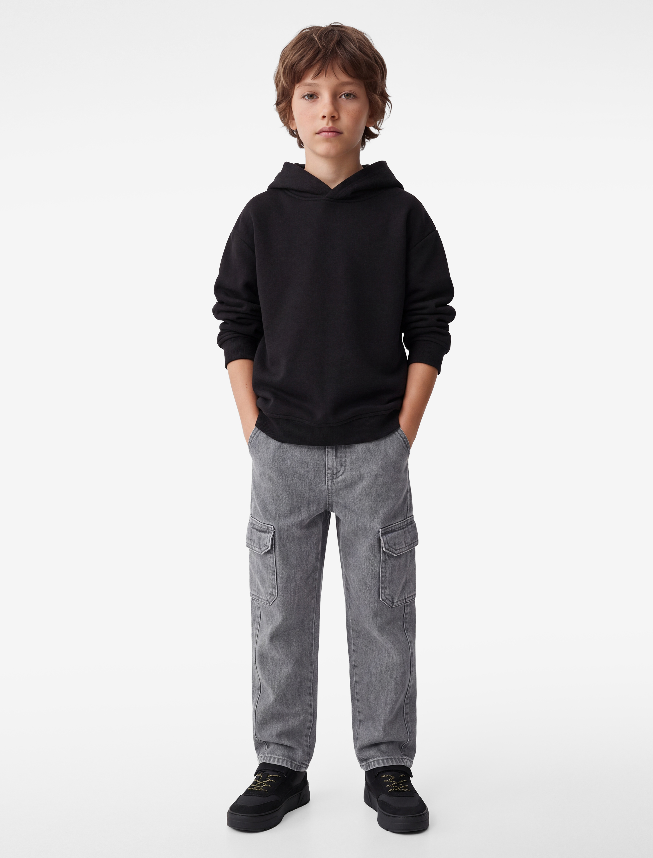  Erkek Çocuk Pamuklu Uzun Kollu Kapşonlu Şardonlu Oversize Sweatshirt
