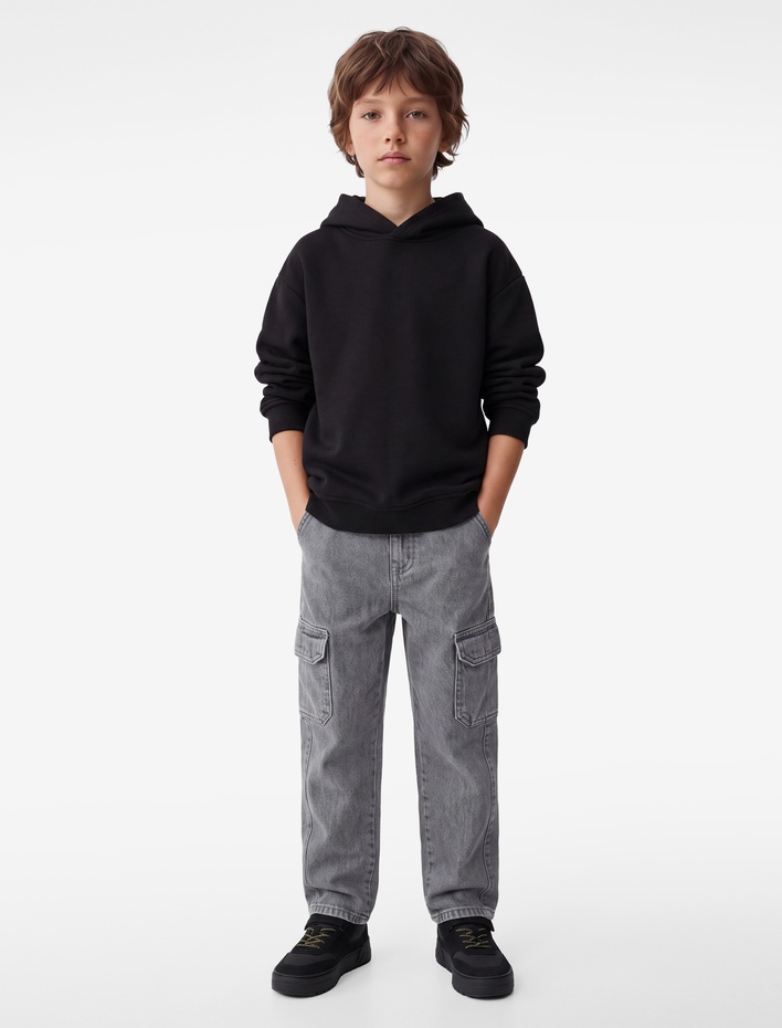 Erkek Çocuk Pamuklu Uzun Kollu Kapşonlu Şardonlu Oversize Okul Sweatshirt